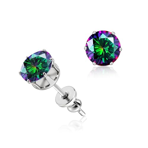 limerencia Titan Ohrringe Hypoallergen F136 Implantat Qualität Ohrstecker Runde Zirkonia 6 Prong Ohrstecker für Frauen und Männer mit empfindlichen Ohren(Regenbogen, Silber) von limerencia