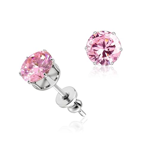 limerencia Titan Ohrringe Hypoallergen F136 Implantat Qualität Ohrstecker Runde Zirkonia 6 Prong Ohrstecker für Frauen und Männer mit empfindlichen Ohren(Rosa, Silber) von limerencia