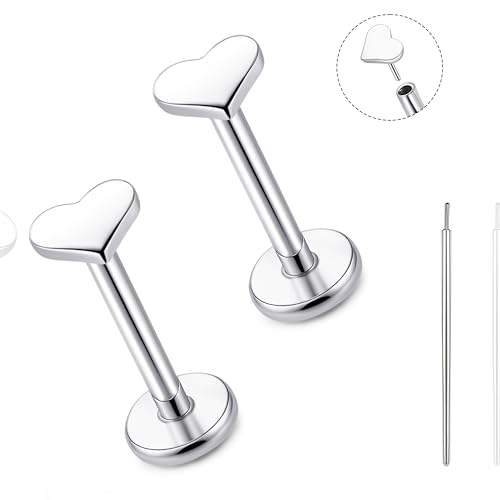 limerencia Titan Fadenlose Flache Rücken Ohrring Stud, 20G Press Fit Titan Push Pop in Knorpel Tragus Labret Lippe Medusa Muschel Körper Piercing Schmuck Hypoallergen für Damen Herren (Herz Silber) von limerencia