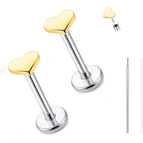 limerencia Titan Fadenlose Flache Rücken Ohrring Stud, 20G Press Fit Titan Push Pop in Knorpel Tragus Labret Lippe Medusa Muschel Körper Piercing Schmuck Hypoallergen für Damen Herren (Herz Goldene) von limerencia