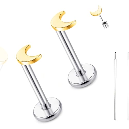 limerencia Titan Fadenlose Flache Rücken Ohrring Stud, 20G Press Fit Titan Push Pop in Knorpel Tragus Labret Lippe Medusa Muschel Körper Piercing Schmuck Hypoallergen für Damen Herren (Mond Goldene) von limerencia