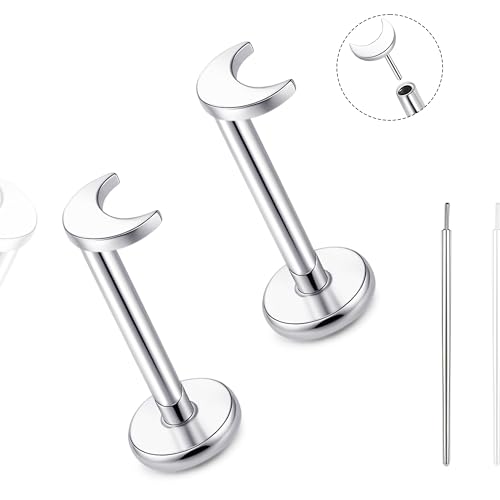 limerencia Titan Fadenlose Flache Rücken Ohrring Stud, 20G Press Fit Titan Push Pop in Knorpel Tragus Labret Lippe Medusa Muschel Körper Piercing Schmuck Hypoallergen für Damen Herren (Mond Silber) von limerencia