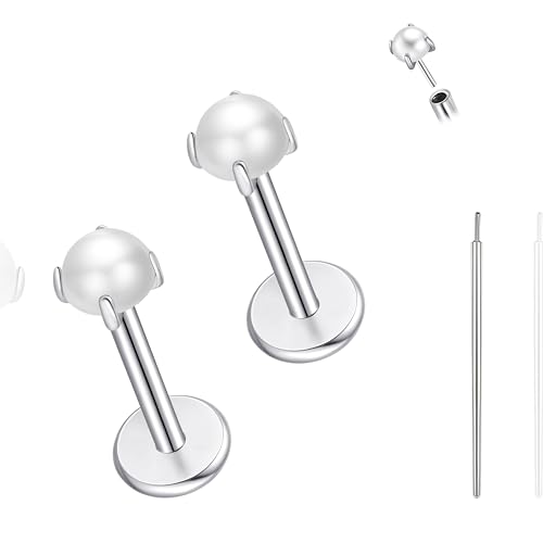 limerencia Titan Fadenlose Flache Rücken Ohrring Stud, 20G Press Fit Titan Push Pop in Knorpel Tragus Labret Lippe Medusa Muschel Körper Piercing Schmuck Hypoallergen für Damen Herren (Perlsilber) von limerencia