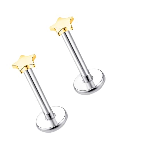 limerencia Titan Fadenlose Flache Rücken Ohrring Stud, 20G Press Fit Titan Push Pop in Knorpel Tragus Labret Lippe Medusa Muschel Körper Piercing Schmuck Hypoallergen für Damen Herren (Stern Goldene) von limerencia