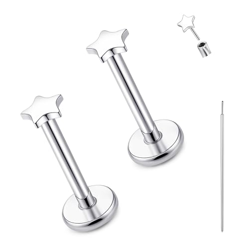 limerencia Titan Fadenlose Flache Rücken Ohrring Stud, 20G Press Fit Titan Push Pop in Knorpel Tragus Labret Lippe Medusa Muschel Körper Piercing Schmuck Hypoallergen für Damen Herren (Stern Silber) von limerencia