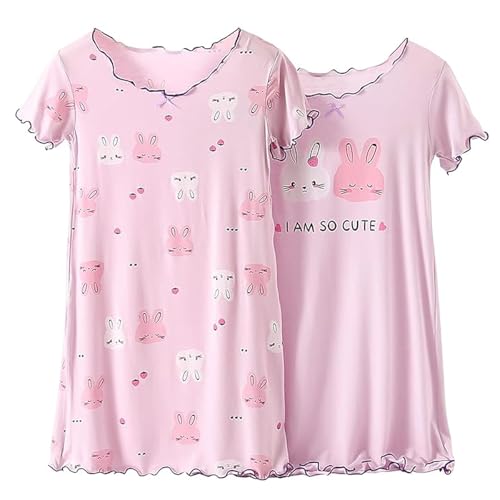 linboo 2er Pack Nachthemd Mädchen Kinder Schlafanzug Kurzarm Schlafkleid Sommer Nachtkleid mit Niedlichen Prints Nachthemden für mädchen, 2er/Kaninchen, 104-110(Herstellergröße: 110) von linboo