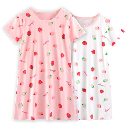 linboo 2er Pack Nachthemd Mädchen Kinder Schlafanzug Kurzarm Schlafkleid Sommer Nachtkleid mit Niedlichen Prints Nachthemden für mädchen, Weiße/Rosa Erdbeeren, 146(Herstellergröße: 150) von linboo
