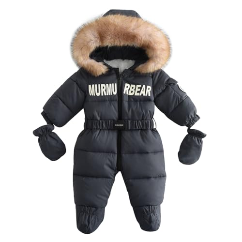 linboo Baby Jungen Mädchen Winter Overall mit Fellkapuze Strampler Schneeanzug mit Handschuhen Langarm Jumpsuit Warm Outfits mit Fleece Gefüttert, Grau, 12-24 Monate(Herstellergröße: 90) von linboo