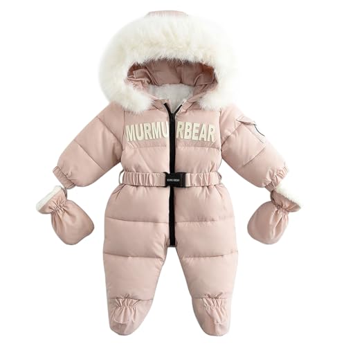 linboo Baby Jungen Mädchen Winter Overall mit Fellkapuze Strampler Schneeanzug mit Handschuhen Langarm Jumpsuit Warm Outfits mit Fleece Gefüttert, Rosa, 12-24 Monate(Herstellergröße: 90) von linboo