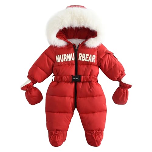 linboo Baby Jungen Mädchen Winter Overall mit Fellkapuze Strampler Schneeanzug mit Handschuhen Langarm Jumpsuit Warm Outfits mit Fleece Gefüttert, Rot, 12-24 Monate(Herstellergröße: 90) von linboo