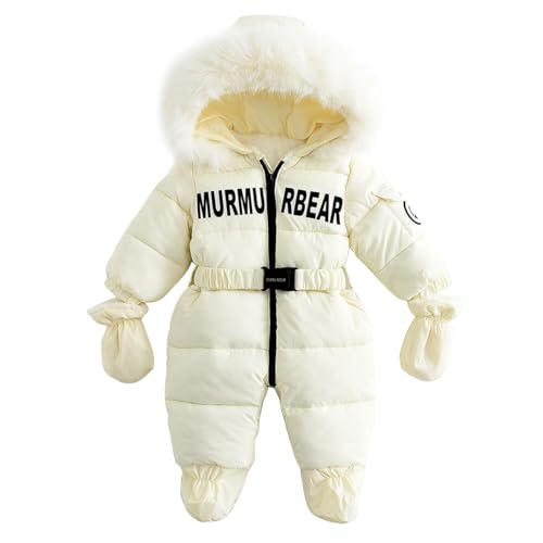 linboo Baby Jungen Mädchen Winter Overall mit Fellkapuze Strampler Schneeanzug mit Handschuhen Langarm Jumpsuit Warm Outfits mit Fleece Gefüttert, Weiß, 12-24 Monate(Herstellergröße: 90) von linboo