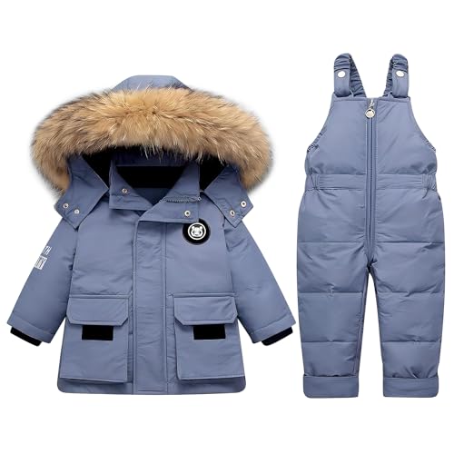 linboo Baby Schneeanzug mit Kapuze Daunenjacke + Daunenhose,Warme Skianzug für Kinder Jungen Mädchen Zweiteiliger Winteranzug Winddicht Wasserdicht Skijacke + Skihose, Blau, 104-110 von linboo