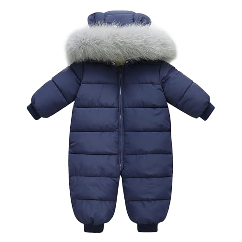 linboo Baby Winter Overall mit Pelzkragen Kapuze Neugeborene Jumpsuit Kleinkind Schneeanzug Jungen Mädchen Warme Strampler Outfits, Marine Blau, 100 von linboo