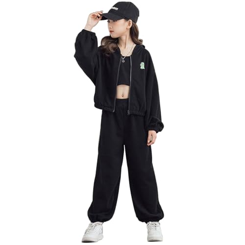 linboo Jogginganzug Mädchen Kleidung 3 Teilig Sportanzug (Sweatjacke+Sporthose+Crop Top) Hip Hop Outfit für Kinder Mädchen, Schwarz, 146-152 von linboo