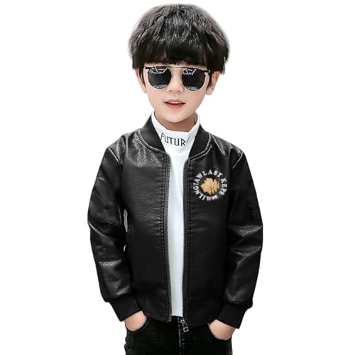 linboo Jungen Bikerjacke Motorrad Lederjacke Kinder Bomberjacke Lederimitat Mantel übergangsjacke Frühling Herbst, Schwarz, 92-98 von linboo