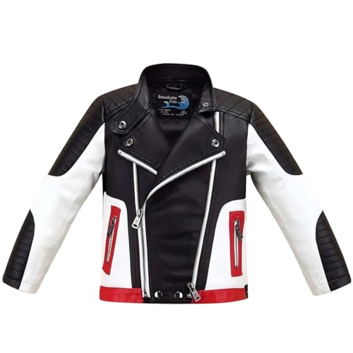 linboo Jungen Bikerjacke aus Kunstleder Lederjacke Kinder Kragen Motorrad Lederimitat Jacke Mäntel für Frühjahr & Herbst, Schwarz, 104-110 von linboo