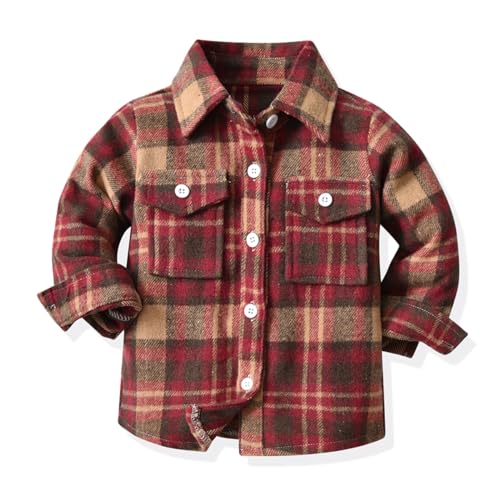 linboo Jungen Kariertes Flanellhemd Jacke Freizeithemden Langarm Button-Down Hemden Shirt Herbst Früghling Übergangsjacke Kindermantel, BM0313 Rot, 116 von linboo