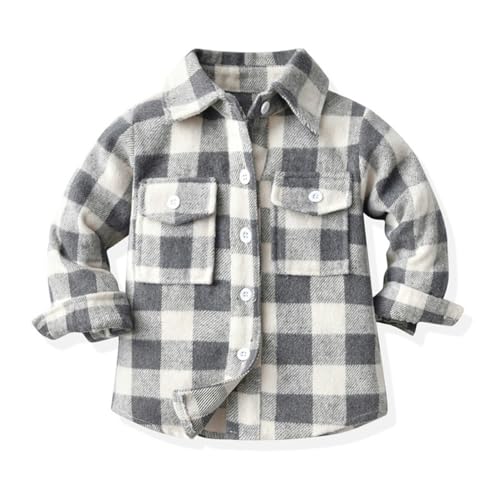 linboo Jungen Kariertes Flanellhemd Jacke Freizeithemden Langarm Button-Down Hemden Shirt Herbst Früghling Übergangsjacke Kindermantel, Grau, 146-152 von linboo
