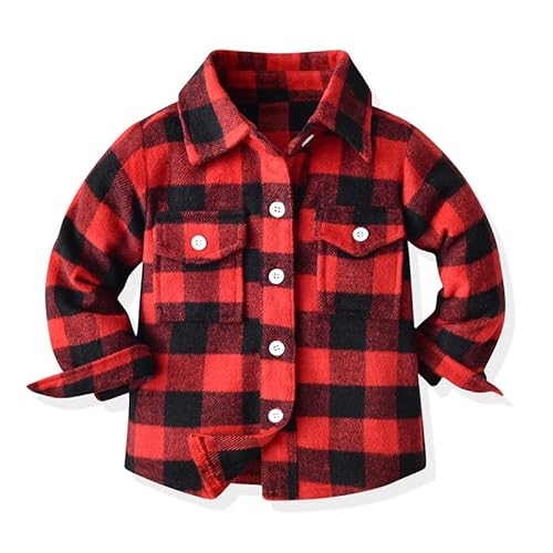 linboo Jungen Kariertes Flanellhemd Jacke Freizeithemden Langarm Button-Down Hemden Shirt Herbst Früghling Übergangsjacke Kindermantel, Rot, 92-98 von linboo