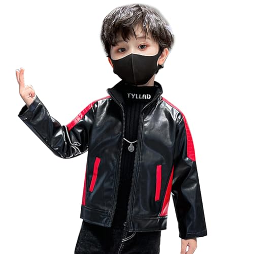 linboo Jungen Lederjacke Kinder Kunstleder Bikerjacke Frühjahr Herbst Kragen Motorrad Lederimitat Mantel, Rot, 146-152 von linboo