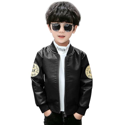 linboo Jungen Lederjacke aus Lederimitat Kinder Kunstlederjacke Motorrad Bikerjacke Übergangsjacke Frühling und Herbst Mantel, KK Schwarz, 122-128 von linboo
