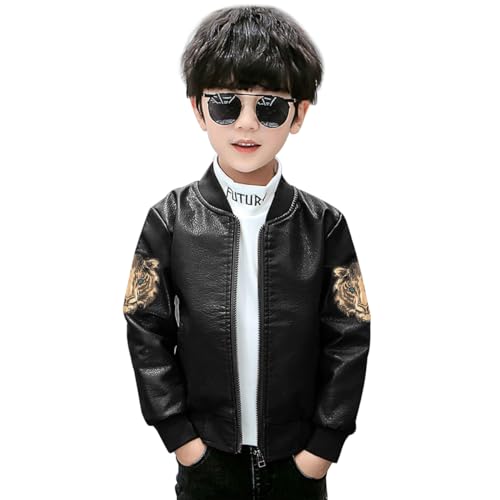 linboo Jungen Lederjacke aus Lederimitat Kinder Kunstlederjacke Motorrad Bikerjacke Übergangsjacke Frühling und Herbst Mantel, Tiger Schwarz, 146-152 von linboo
