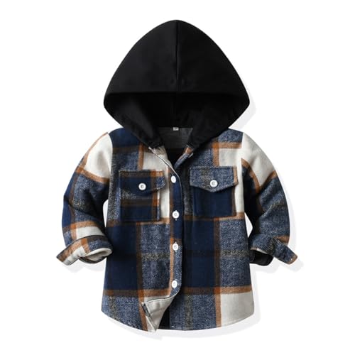 linboo Jungen Mädchen Langarm Hemden mit Kapuze Kinder Kariert Freizeithemd Frühling und Herbst Übergangsjacke Flanellhemd Langarmshirt, Dunkelblau, 146-152 von linboo