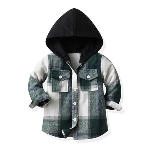 linboo Jungen Mädchen Langarm Hemden mit Kapuze Kinder Kariert Freizeithemd Frühling und Herbst Übergangsjacke Flanellhemd Langarmshirt, Grün, 116 von linboo