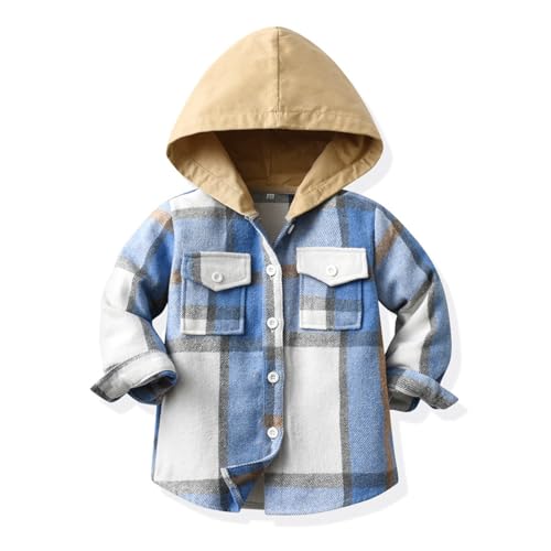 linboo Jungen Mädchen Langarm Hemden mit Kapuze Kinder Kariert Freizeithemd Frühling und Herbst Übergangsjacke Flanellhemd Langarmshirt, Hellblau, 104-110 von linboo