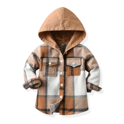 linboo Jungen Mädchen Langarm Hemden mit Kapuze Kinder Kariert Freizeithemd Frühling und Herbst Übergangsjacke Flanellhemd Langarmshirt, Kaffee, 86 von linboo