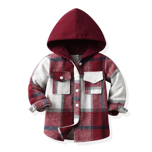 linboo Jungen Mädchen Langarm Hemden mit Kapuze Kinder Kariert Freizeithemd Frühling und Herbst Übergangsjacke Flanellhemd Langarmshirt, Weinrot, 134-140 von linboo