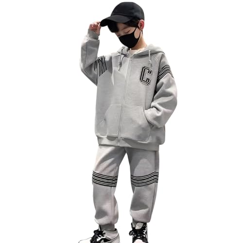 linboo Jungen Trainingsanzug Kinder Jogginganzug Sportanzug 2tlg Sweatjacke mit Kapuze und Sporthose Hoodie Kleidung Set Freizeitanzug, Grau, 134-140 von linboo
