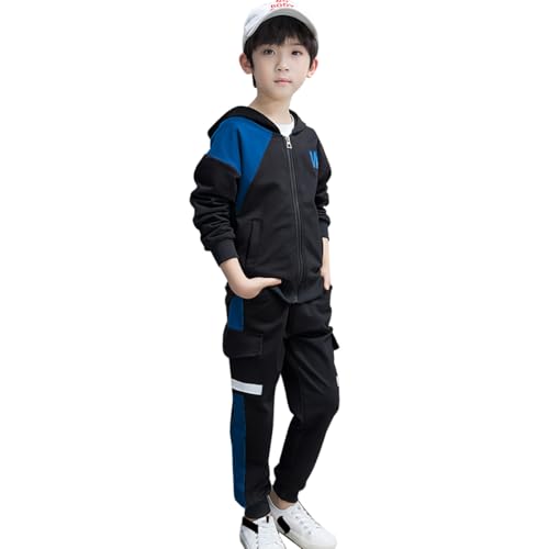 linboo Jungen Trainingsanzug Sport Set 2tlg Jogginganzug Freizeitanzug Sweat-jacke mit Kapuze + Sporthose Sport Anzug für Kinder, Blau, 116-122(Herstellergröße: 120) von linboo