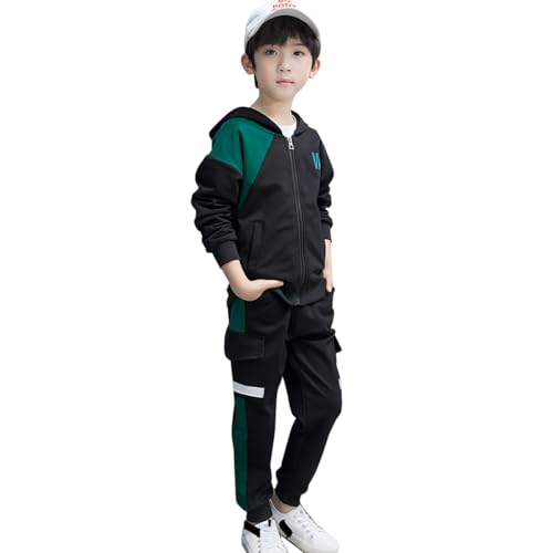linboo Jungen Trainingsanzug Sport Set 2tlg Jogginganzug Freizeitanzug Sweat-jacke mit Kapuze + Sporthose Sport Anzug für Kinder, Grün, 146-152(Herstellergröße: 150) von linboo