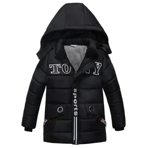 linboo Jungen Warm Winterjacke Fleece Mäntel Dicke Steppjacke Winddicht Parka Winter mit Kapuze Kinder Outdoor Steppjacke, Schwarz, 116-122(Herstellergröße: 120) von linboo