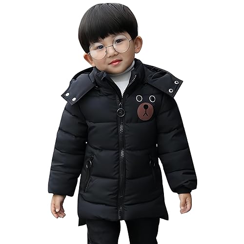 linboo Jungen Winterjacke Kinder Warme Wintermantel mit Kapuze Verdickte Jacke Blouson Winddicht Winter Kapuzenparka, Schwarz, 116(Label: 2XL) von linboo