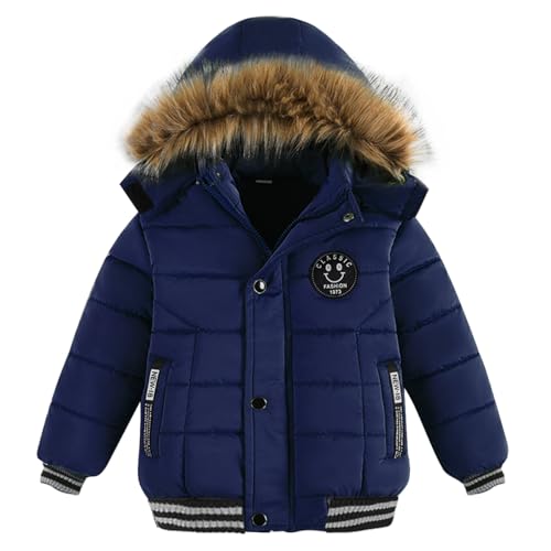 linboo Jungen Winterjacke Outdoor Mantel Parka mit Fellkapuze Steppjacke Baumwolle Kinderjacke Warm Wintermantel Gefüttert Winter Kapuzenjacke, Blau, 128(Herstellergröße: 130) von linboo