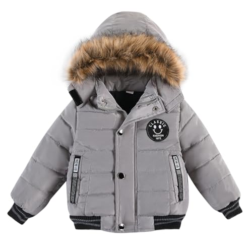 linboo Jungen Winterjacke Outdoor Mantel Parka mit Fellkapuze Steppjacke Baumwolle Kinderjacke Warm Wintermantel Gefüttert Winter Kapuzenjacke, Grau, 98(Herstellergröße: 100) von linboo