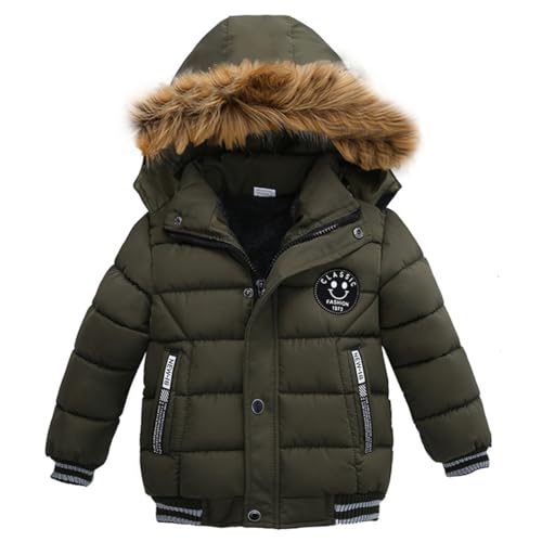 linboo Jungen Winterjacke Outdoor Mantel Parka mit Fellkapuze Steppjacke Baumwolle Kinderjacke Warm Wintermantel Gefüttert Winter Kapuzenjacke, Grünes Militär, 104-110(Herstellergröße: 110) von linboo