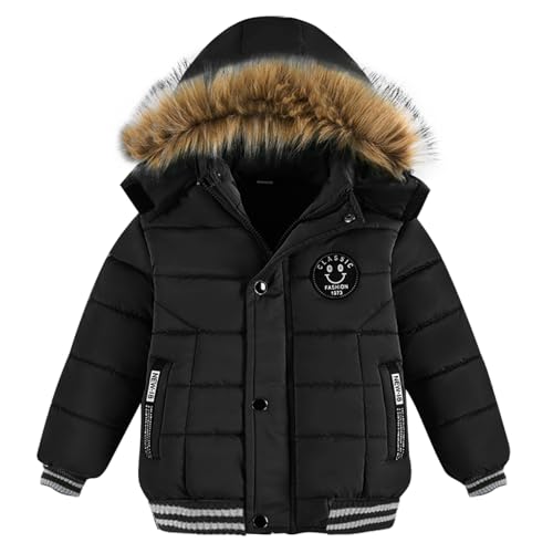 linboo Jungen Winterjacke Outdoor Mantel Parka mit Fellkapuze Steppjacke Baumwolle Kinderjacke Warm Wintermantel Gefüttert Winter Kapuzenjacke, Schwarz, 128(Herstellergröße: 130) von linboo