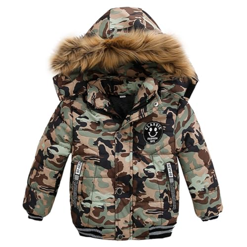 linboo Jungen Winterjacke Outdoor Mantel Parka mit Fellkapuze Steppjacke Baumwolle Kinderjacke Warm Wintermantel Gefüttert Winter Kapuzenjacke, Tarnung, 86-92(Herstellergröße: 90) von linboo