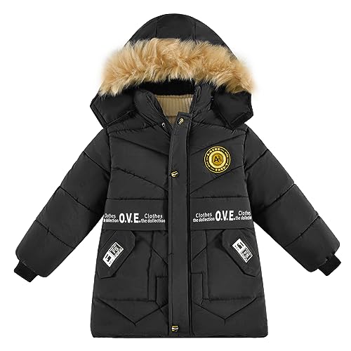 linboo Jungen Winterjacke Warme Wintermantel mit Kapuze Verdickte Jacke Kinder Blouson Winddicht Kapuzenparka, Schwarz, 134-140(Etikettengröße: 140) von linboo