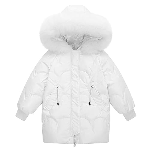 linboo Kinder Daunenjacke Mädchen Daunenmantel mit Fellkapuze Dicke Steppjacke Winterjacke Lang Warm Mäntel Parka Jacke, Weiß, 134-140 von linboo