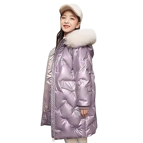 linboo Kinder Daunenjacke Mädchen Winterjacke mit Fellkapuze Mittellange Jacke Winter Warm Mantel Glänzend Dicke Steppjacke, Lila, 146-152 von linboo