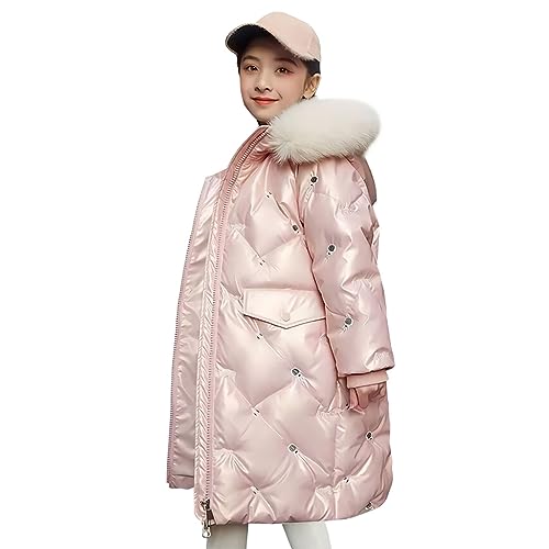 linboo Kinder Daunenjacke Mädchen Winterjacke mit Fellkapuze Mittellange Jacke Winter Warm Mantel Glänzend Dicke Steppjacke, Rosa, 146-152 von linboo