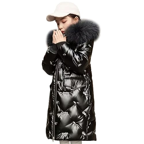 linboo Kinder Daunenjacke Mädchen Winterjacke mit Fellkapuze Mittellange Jacke Winter Warm Mantel Glänzend Dicke Steppjacke, Schwarz, 158 von linboo