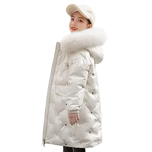 linboo Kinder Daunenjacke Mädchen Winterjacke mit Fellkapuze Mittellange Jacke Winter Warm Mantel Glänzend Dicke Steppjacke, Weiß, 128 von linboo