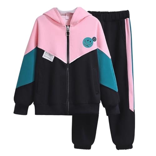 linboo Kinder Jogginganzug Mädchen Sportkleidung Set Sweatjacke und Jogginghose Sportanzug Trainingsanzug Activewear, Schwarz, 116-122(Herstellergröße: 130) von linboo