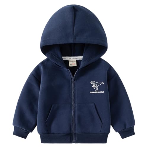 linboo Kinder Jungen Jacke Baumwoll Hoodie Sweatjacke Frühling Herbst Übergangsjacke, Warme Baby Reißverschluss Pullover Outdoor Jacke Mantel Windbreaker, Dinosaurier Blau, 86-92 von linboo