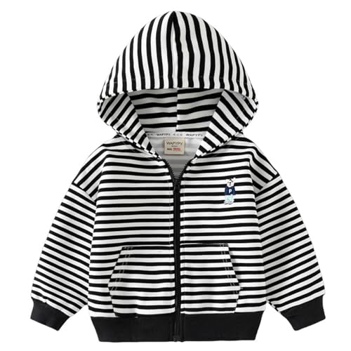 linboo Kinder Jungen Jacke Baumwoll Hoodie Sweatjacke Frühling Herbst Übergangsjacke, Warme Baby Reißverschluss Pullover Outdoor Jacke Mantel Windbreaker, Schwarze/weiße Streifen, 98 von linboo